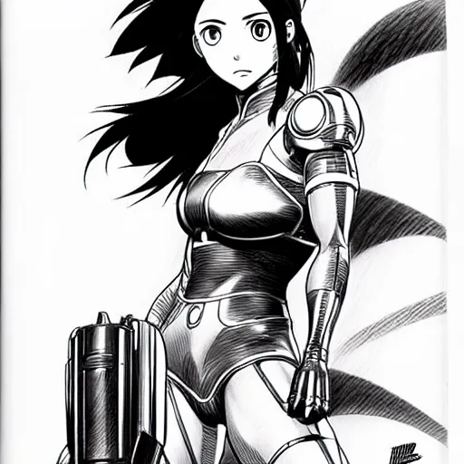 Image similar to alita by yukito kishiro. medium shot. black and white manga. pencil drawing. high detailed face