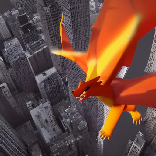 Prompt: charizard flying above new york, high detail shot, smoking, render, cgsociety, photorealism