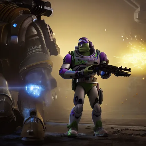 Image similar to Buzz Lightyear as a soldier shooting in 'Gears of War', splash art, movie still, cinematic lighting, detailed face, dramatic, octane render, long lens, shallow depth of field, bokeh, anamorphic lens flare, 8k, hyper detailed, 35mm film grain