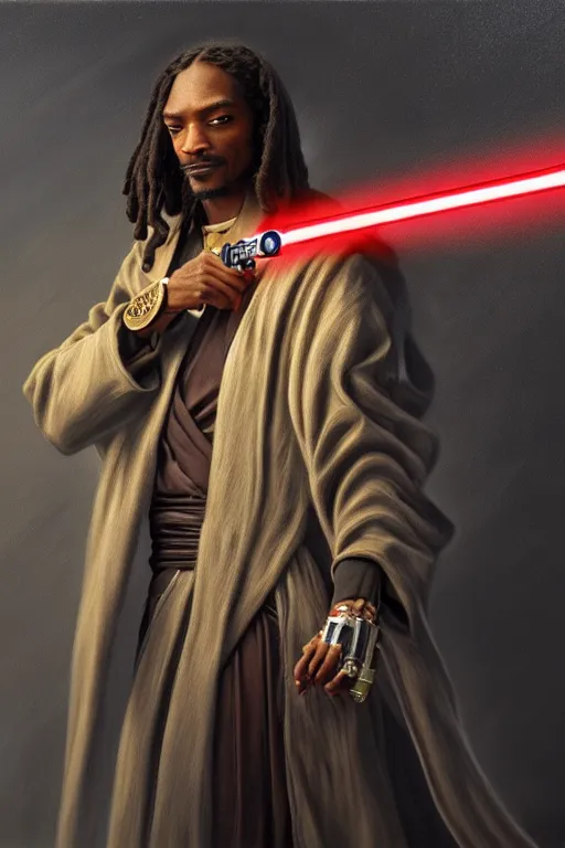 Image similar to breathtaking detailed concept art painting of a jedi snoop dogg holding a lightsaber, by hsiao - ron cheng, exquisite detail, extremely moody lighting, 8 k