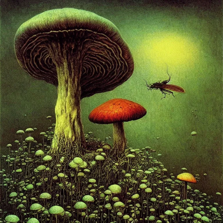 Image similar to Tea-mushroom flies in cosmos. Extremely high details, realistic, fantasy art, solo, masterpiece. Art by Zdzisław Beksiński, Arthur Rackham, Dariusz Zawadzki.