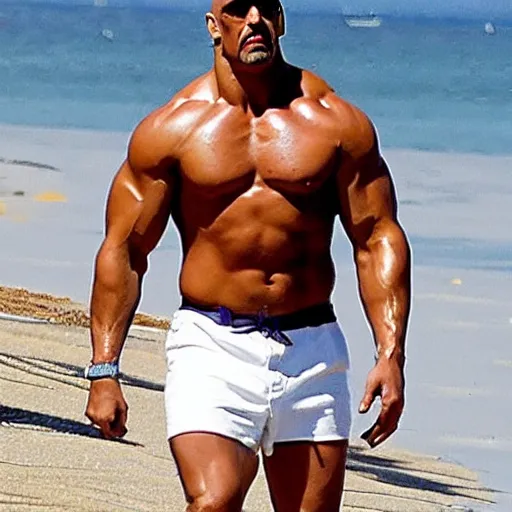 Prompt: the rock enjoying a summer day at the beach