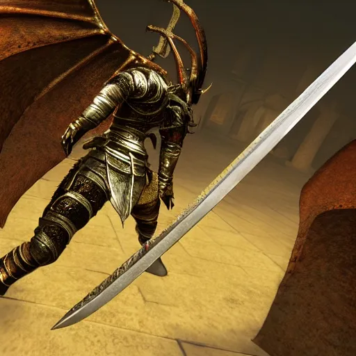 Image similar to demon souls warrior woman sword large dragon, 4 k highly detailed raytracing wide angle