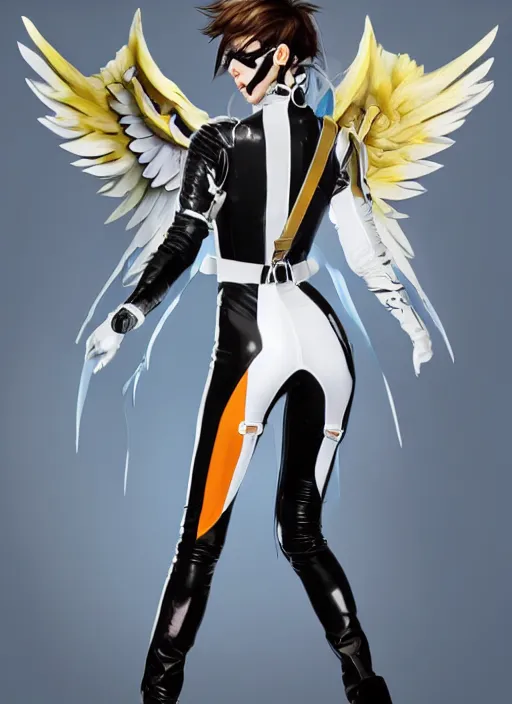 Prompt: full body artwork of tracer overwatch, wearing white latex and leather straps catsuit outfit, in style of mark arian, angel wings, dramatic painting, wearing detailed leather collar, chains, black harness, detailed face and eyes,