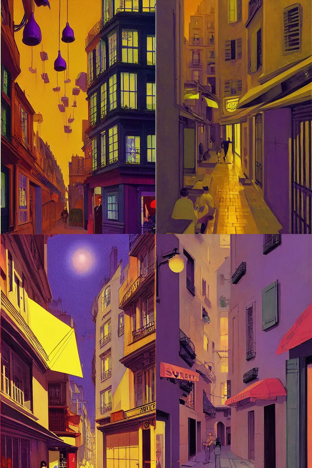 Prompt: surrealist bustling Paris alleyway filled with shops lighting up the purple night by Edward Hopper, by Dean Ellis, by Jean Giraud, 1942, fisheye lens