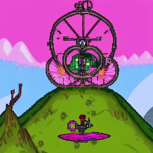 Prompt: the eye of cathulu from terraria but it riding a pink bicycle wearing lady gaga's meat dress