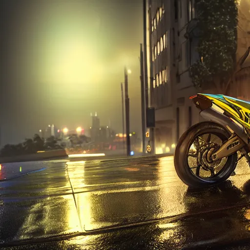 Image similar to highly detailed, photo realistic, drz 4 0 0 s at night in the rain driving on a city street, dense fog, unreal engine, by greg rutowski, by stanley artgerm, by alphonse mucha