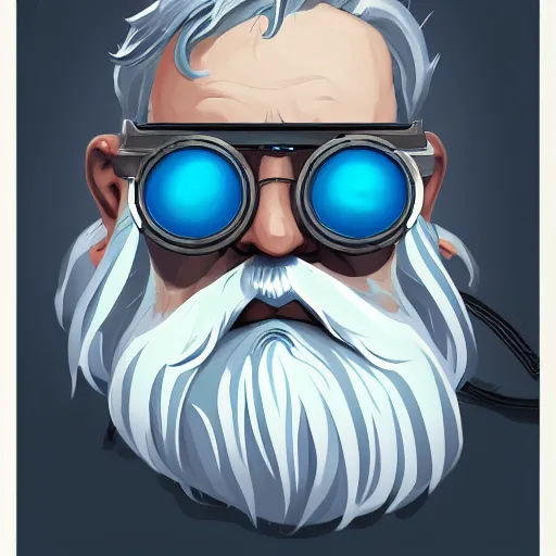 Image similar to a front-facing portrait of an old man with a grey beard and blue hair wearing steampunk goggles, dungeons and dragons character art, highly-detailed illustration, Artstation