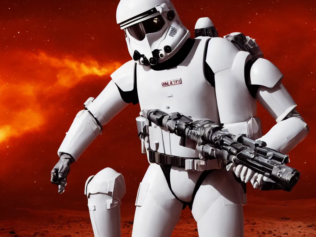 Image similar to space trooper in glossy sleek white armor with small red details, no helmet, long red cape, heroic posture, firing laser rifle, on the surface of mars, explosions in the background, night time, dramatic lighting, cinematic, sci-fi, hyperrealistic, movie still