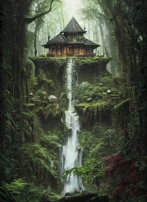 Image similar to a hyper realistic architectural witch shrine under a waterfall in the woods, gorgeous lighting, lush forest foliage, painting by chiara bautista and tom bagshaw, muca beksinski and norman rockwell and greg rutkowski weta studio, and lucasfilm