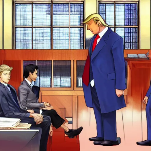 Image similar to donald trump being judged in phoenix wright, ace attorney, 4 k, high quality