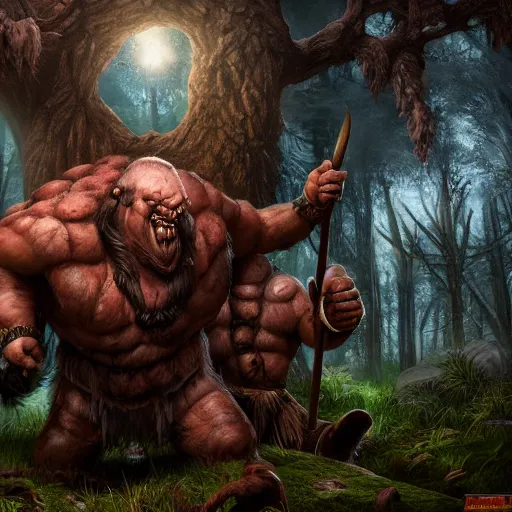 Image similar to giant dungeons and dragons ettin giant with many heads, ettin from dungeons and dragons, dnd in a dark forest, digital art, high quality render, artstation, 8 k, photograph quality, ultrahd