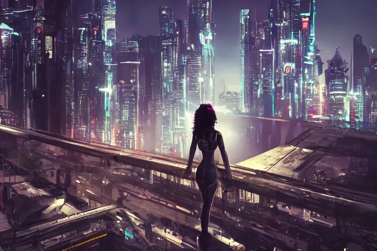 Image similar to a beautiful picture of a girl standing on top of a bridge over a city, cyberpunk art by vincent lefevre,