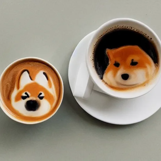 Prompt: A photo of a cup of coffee with latte art in the shape of a shiba inu