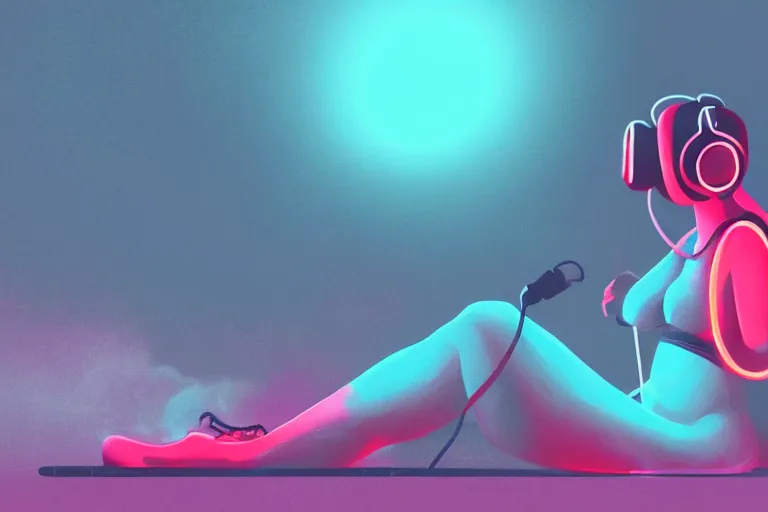 Prompt: a cute girl wearing headphones sitting on a cloud relaxing, misty, glows, digital painting, hazy, foggy, red lighting, ambient lighting, 8 k, neon, synthwave, cyberpunk,