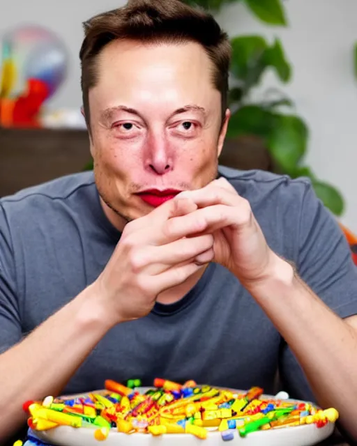 Prompt: a man eating crayons with a fork, elon musk, 4 k, high quality, crayons served on a plate