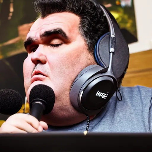 Prompt: obese Morrissey wearing a headset yelling at his monitor while playing WoW highly detailed wide angle lens 10:9 aspect ration award winning photography erasure head