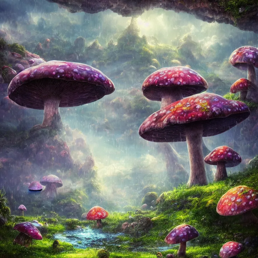 Image similar to incredibly detailed fantasy landscape of a valley with gigantic mushrooms and lichen, god rays, bokeh, raining, pink and blue color scheme, trending on artstation, 8k