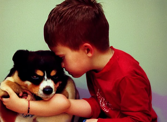 Prompt: a extreme close - up photo, color studio photographic portrait of a russian kid feeding his little dog, dramatic backlighting, 1 9 9 3 photo from life magazine,