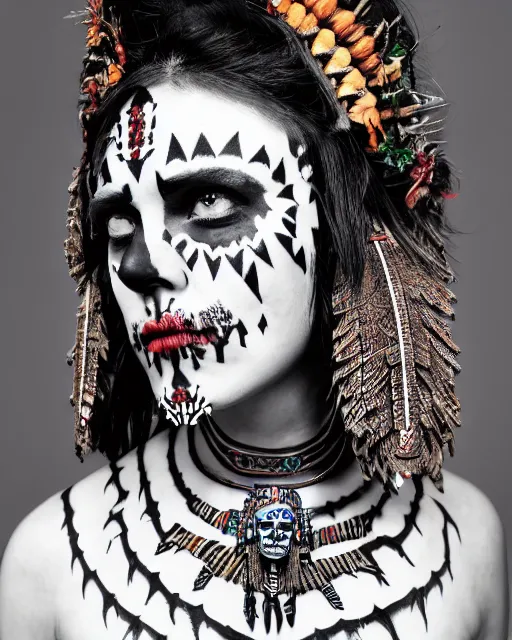 Image similar to photorealistic head and shoulders photo of beautiful female ornate fantasy indian tribal aztec warrior goddess, confident, minimal black skull warpaint, tattoos, Neil Blevins, James Paick, Natasha Tan Maciej Kuciara, Frank frazetta, arney freytag, Ritu Kumar, Sabyasachi Mukherjee, Magic the gathering,octane, bokeh, 8k, fashion pose, cinematic, 28mm