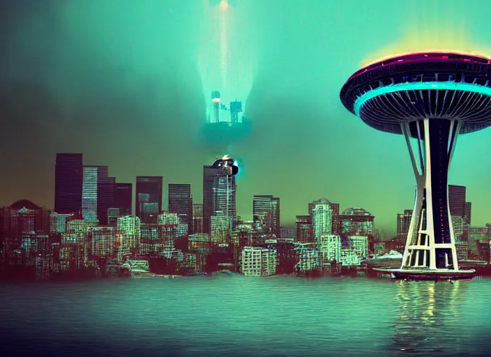 Image similar to seattle being attacked by a sea monster, by beeple