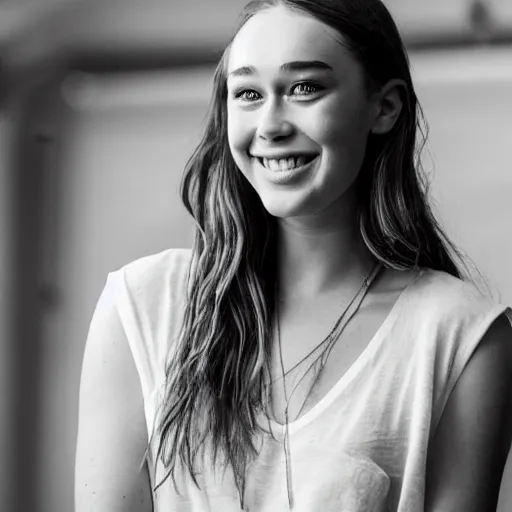 Image similar to alycia debnam carey smiling at camera posing for photograph, award winning photograph, HDR ,reflection, natural pose, natural lighting,