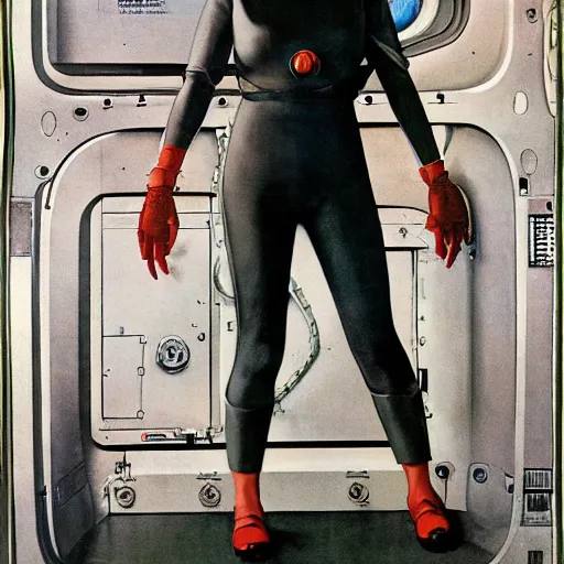 Prompt: portrait of a woman with a bulky sci - fi jumpsuit in a dark and scary spaceship, by norman rockwell