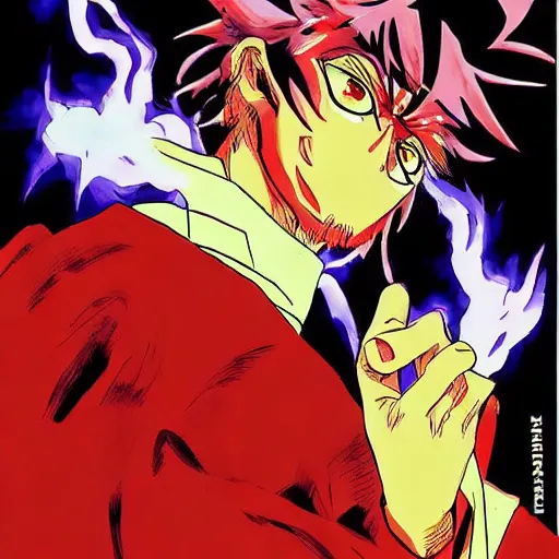 Prompt: Spike Spiegel fire Wizard Mage Wearing a red robe whilst disguised as devil standing in the office uta natsume naoko rumiko takahashi katsuhiro otomo Alexey Egorov Inio Asano sui ishida anime mangaka