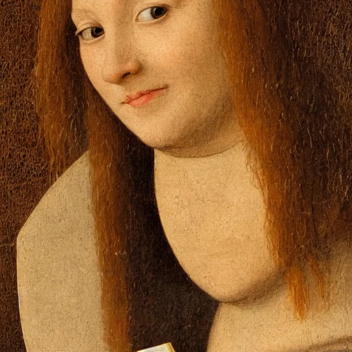 Prompt: close up portrait of a joyful young woman with her head resting on a book. with moth. sunset. jan van eyck