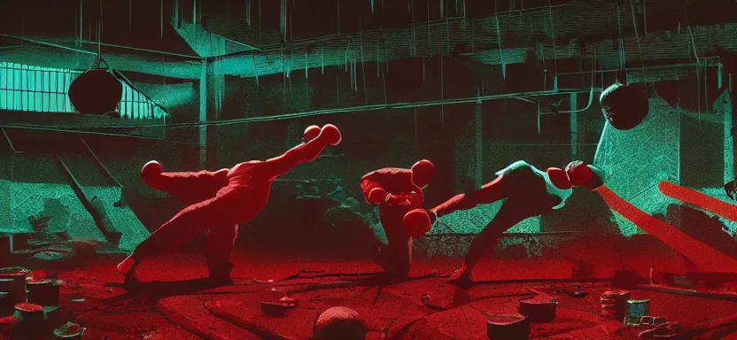 Image similar to handmade illustration of a vicious fight in an illegal boxing ring, bloody uppercut action shot knockout, line art, octane render with volumetric lighting, architectural illustration by MC Escher and cedric peyraavernay, industrial waste processing, bladerunner, green and red radioactive swamp