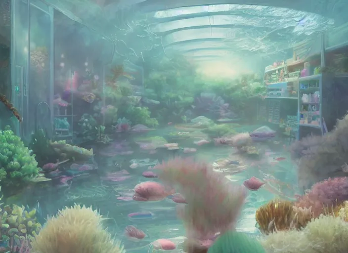 Prompt: placid pastel morning cozy moody cluttered painterly fluffy tiny cramped aquarium store, lots of aquariums, slanted ceiling, tiny space, particulate, trending on pixiv