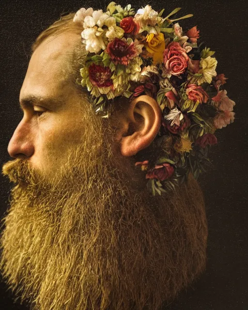 Prompt: a man's face in profile, beard, made of flowers and fruit, in the style of the Dutch masters and Gregory Crewdson, dark and moody