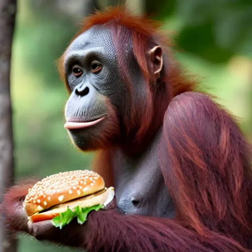 Image similar to an orangutan wiht chease burger