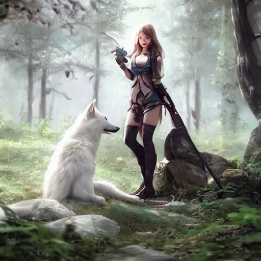 Prompt: a huntress and her pet white wolf in the forest, made by Stanley Artgerm Lau, WLOP, Rossdraws, ArtStation, CGSociety, concept art, cgsociety, octane render, trending on artstation, artstationHD, artstationHQ, unreal engine, 4k, 8k,