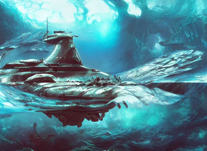 Prompt: deviant art, artgerm, metal submarine underwater in the lake of an alien planet, detailed, artstation, by kim keever, digital art