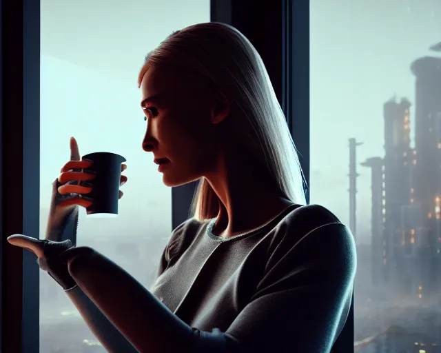 Image similar to a soft photo of a lifelike terminator cyborg lady with borg implants and optical fibers is drinking coffee near a window with dystopian city visible outside. very detailed 8 k. cyberpunk style. unreal engine render. global illumination. nanite. rtx. path tracing.