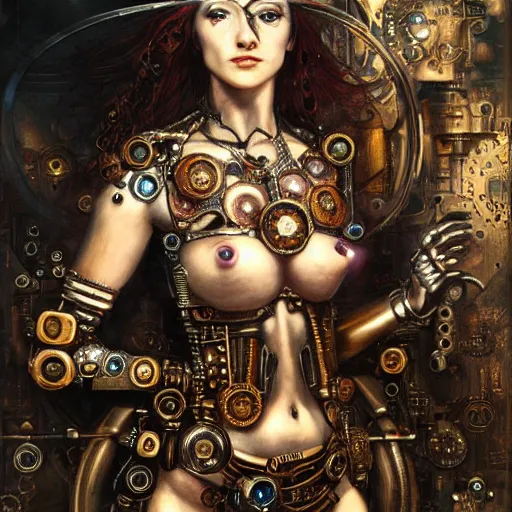 Image similar to A steampunk beautiful goddess, she half human and half android, she is embellished with gears wheels and gemstones, by William Holman Hunt, Greg Rutkowski, Stanely Artgerm, Tooth Wu, Peter Gric, Aaron Horkey, trending on Artstation, digital art, mythological, symmetrical artwork, cinematic lighting, hyper realism, high detail, octane render, ultra realistic, golden ratio, 4k, 8k