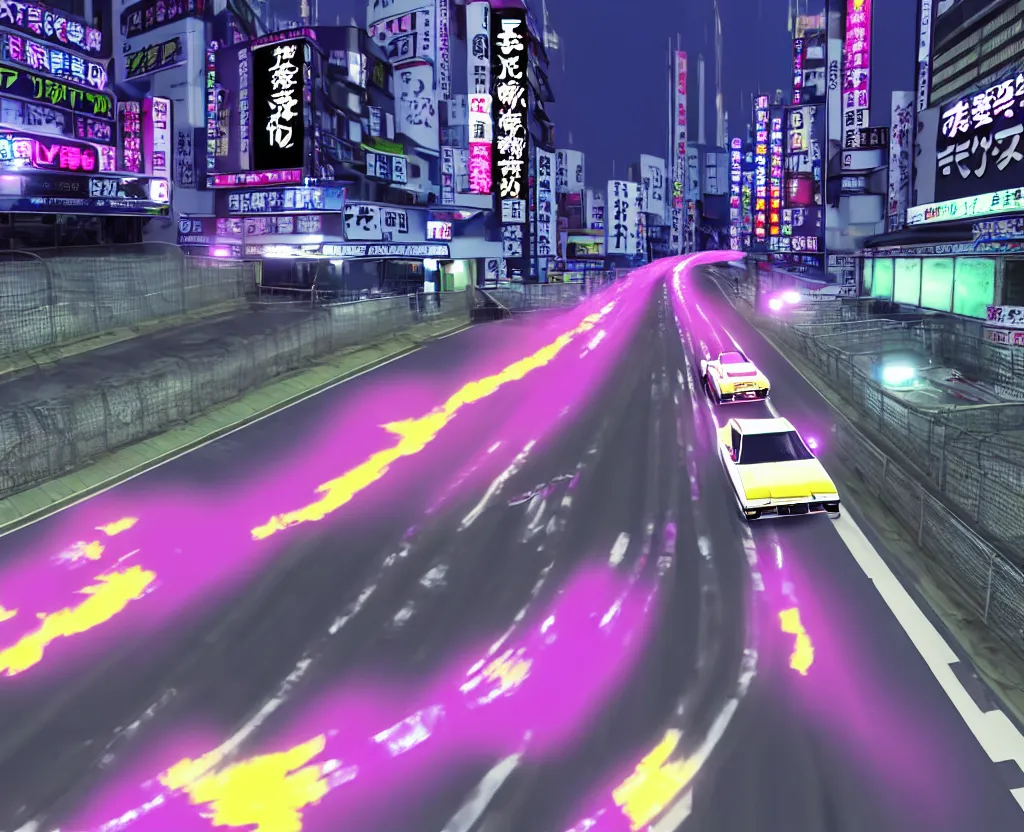 Image similar to surveillance footage of JZX100 twin turbo drift jet engine monster truck drag racer cowboy Cadillac hover-car UFO in the road, Tokyo prefecture, Japanese architecture, city sunset mist lights, cinematic lighting, photorealistic, detailed alloy wheels, highly detailed purple green snake oil wacky races power ranger bat-mobile transformer car