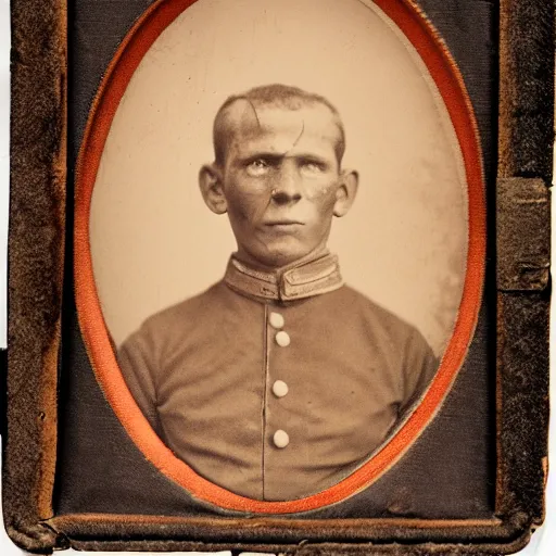 Image similar to civil war portrait of soldier sepia tattered image, with glowing red eyes and evil smile, real 1 8 6 0 photo,