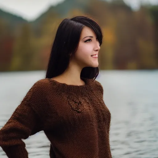 Image similar to real life photo of a beautiful girl, full body photoshoot, long black hair, brown eyes, full round face, short smile, brown sweater, lake setting, cinematic lightning, medium shot, mid - shot, highly detailed, trending on artstation, unreal engine 4 k, 8 0 mm, 8 5 mm, cinematic wallpaper