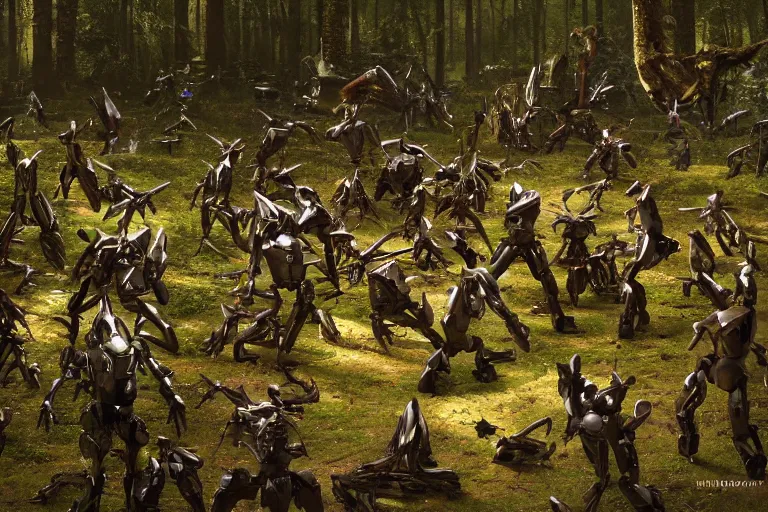 Prompt: 1 0 0 0 0 humanoid robots fighting in the forest, hyper realistic, ambient lighting, concept art, intricate, hyper detailed, smooth, dynamic volumetric lighting, octane, raytrace, cinematic, high quality, high resolution, 4 k, cgsociety, rutkowski, gurney, h. r. giger, cylon