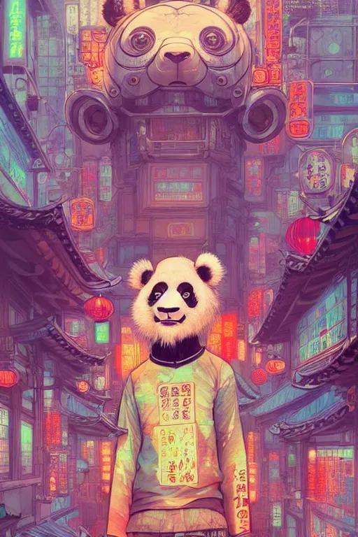 Image similar to a beautiful hyperdetailed character design of a cute panda with a chinese lion dance head victo ngai cyberpunk style of absolutely beautiful cyberpunk town, from china, style of studio ghibli, makoto shinkai, raphael lacoste, louis comfort tiffany, artgerm, james jean, ross tran, chinese style