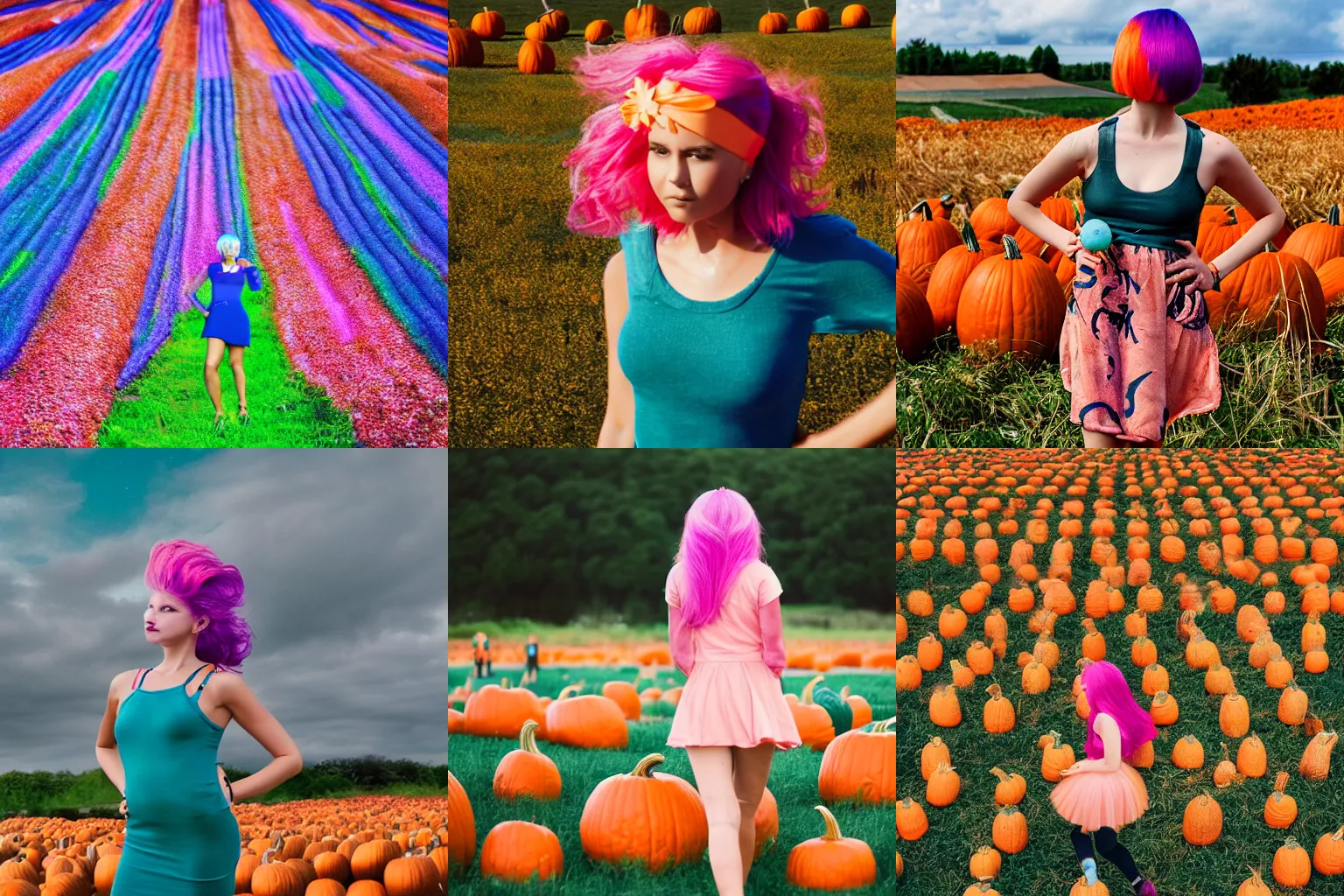 Prompt: a futuristic pumpkin field with a girl standing in the middle with teal hair and a short dress, wearing a pink head band, blurred background, sharp focus