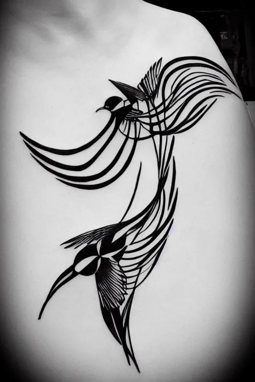 Image similar to a beautiful tattoo design of minimalist swallows flying around spirals and primitive shapes, black ink, abstract logo, line art