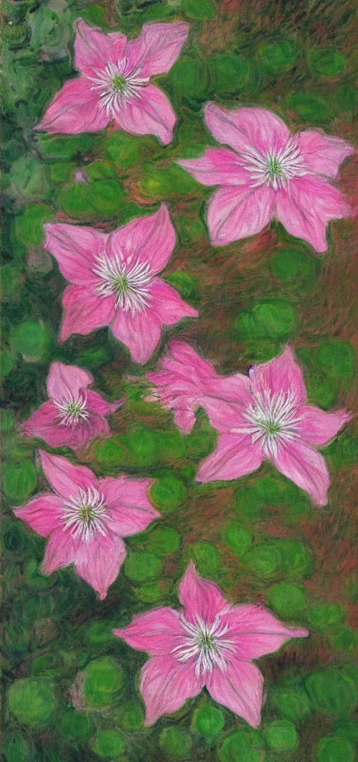 Prompt: beautiful pink dripping clematis by claude monet, oil on canvas