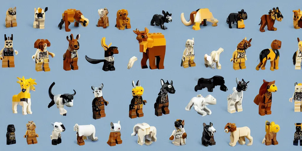 Image similar to animals made of lego bricks, four legged, quadrupedal, cute looking, kawaii, sharp focus, character sheet, game concept art