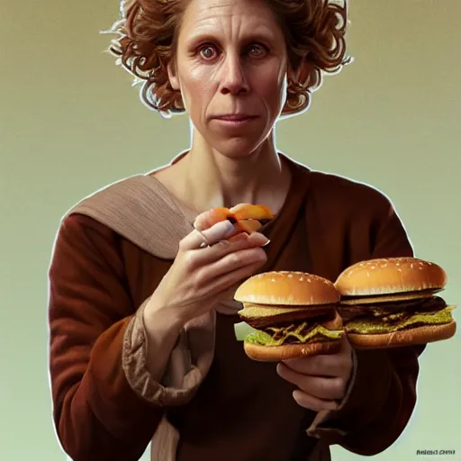 Image similar to portrait of frances mcdormand eating hamburgers, extra onions and ketchup, luscious patty with sesame seeds, feminine ethereal, handsome, d & d, fantasy, intricate, elegant, highly detailed, digital painting, artstation, concept art, matte, sharp focus, illustration, art by artgerm and greg rutkowski and alphonse mucha