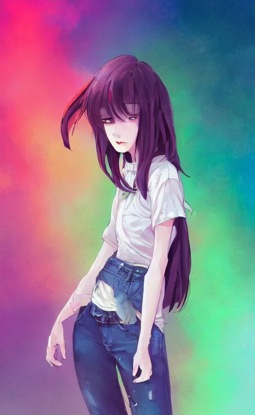 Image similar to a kawaii woman with rainbow hair, soft eyes and narrow chin, dainty figure, long hair straight down, kawaii shirt and jeans, basic white background, In style of by Jordan Grimmer and greg rutkowski, crisp lines and color