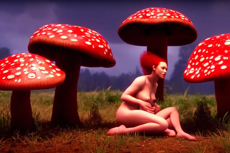 Prompt: a beautiful red haired mushroom goddess giving birth to a mushroom baby, wlop, unreal engine, octane, 8 k,