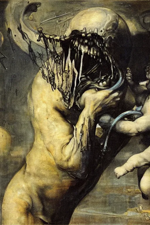 Image similar to canvas painting of saturn devouring his son in the syle of giger, giger art, francisco goya, mural, wall painting, extremely detailed, museum